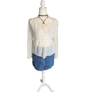 BCBG Max Azria Silk Sheer Blouse Size 10 Boho Lace Bell Sleeve Romantic Top